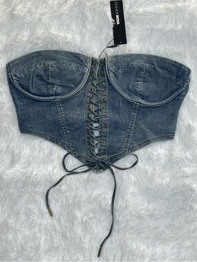 Fashion Nova Women’s MediumWash Denim Lace-Up Corset Crop Top Size XL NWT